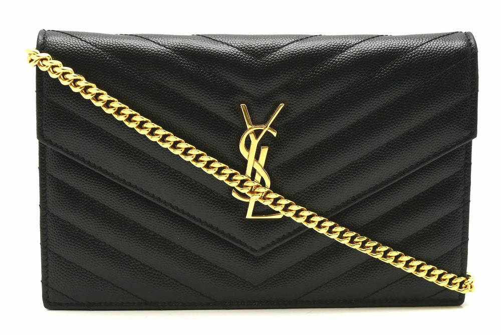Saint Laurent Yves Paris Monogram Envelope Chain Bag Clutch Black Gold